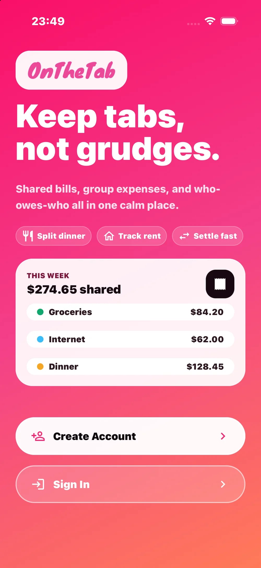 OnTheTab welcome screen: Keep tabs, not grudges