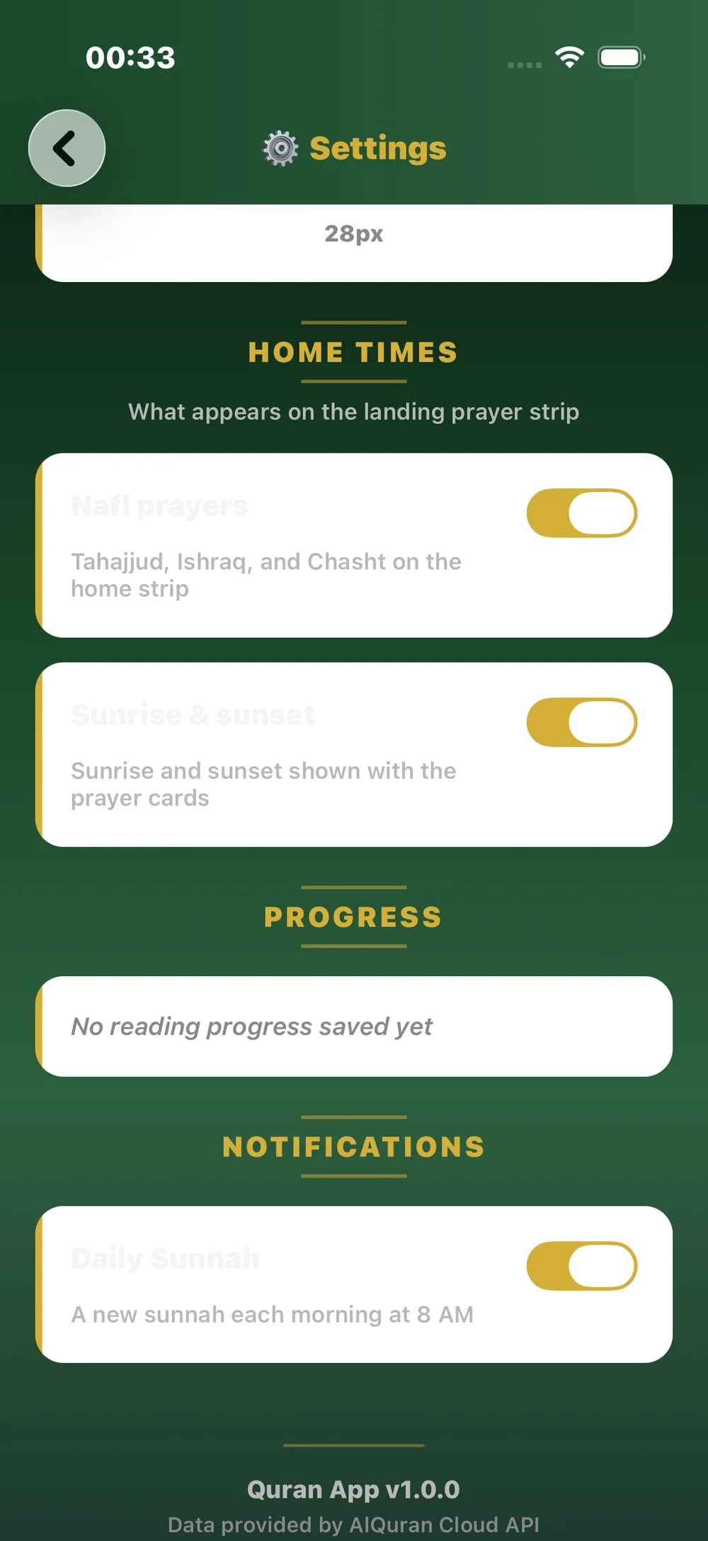 Quran app settings for home prayer strip