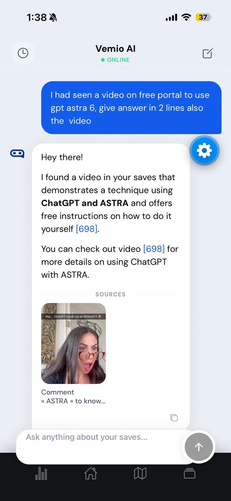 Vemio AI chat showing the source video for an answer