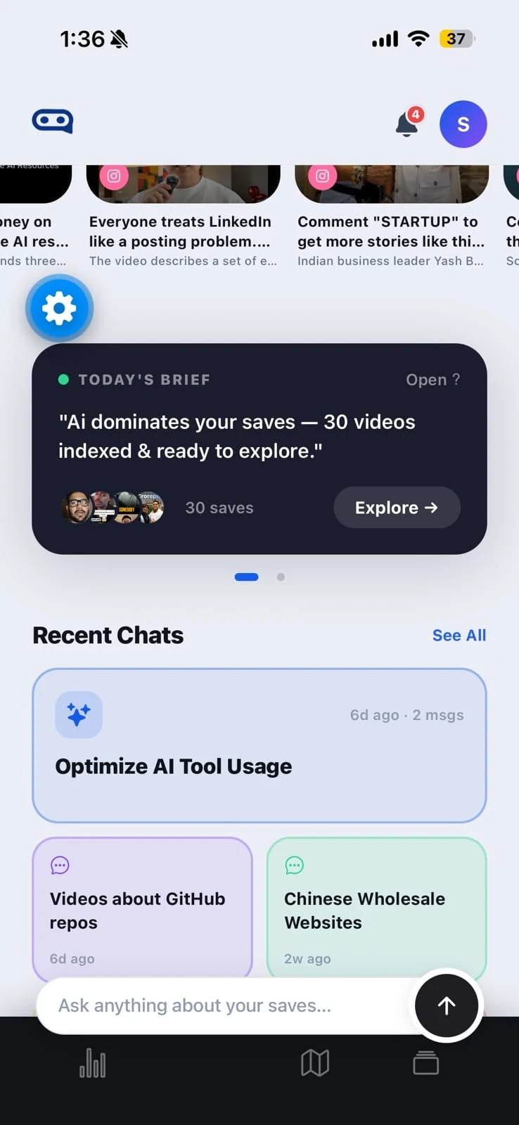 Vemio home with today's brief and recent chats