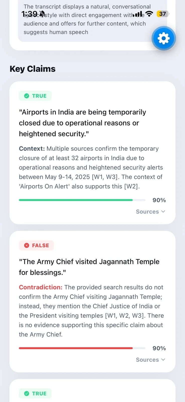 Vemio analysis report listing key claims marked true or false with sources